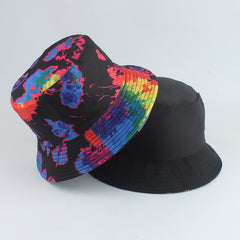 Nuevo estilo de sombrero de pescador con estampado de doble cara, color tie-dye, estilo hip-hop, informal, de parte superior plana, para lavabo