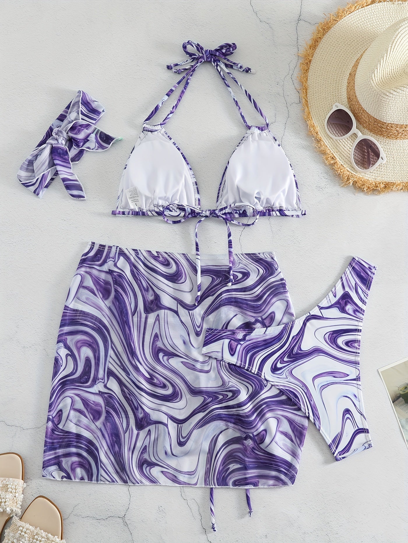 Printed 4-piece bikini set with headscarf, drawstring skirt, and top.