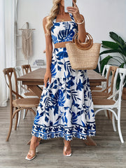 Summer Vacation Set – Printed Tie-Neck Halter Top & Flowing Half-Skirt Dress, Perfect for Breezy Getaways