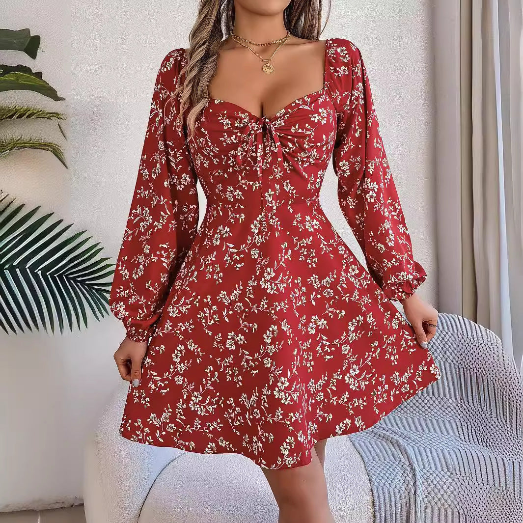 Vestido de moda con estampado floral y mangas abullonadas, informal, sexy, con lazo, escote cuadrado, manga larga, estilo A, ropa de mujer