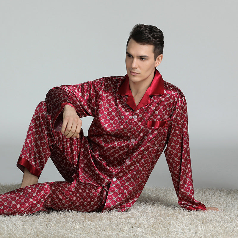 Pijama de seda estampado para hombre, traje de primavera y verano de manga larga