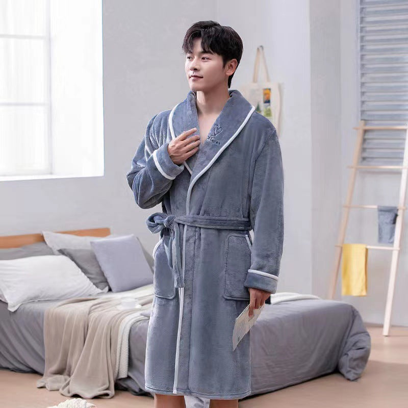 Autumn And Winter Flannel Oversize Men's Plush Lengthened Bathrobe