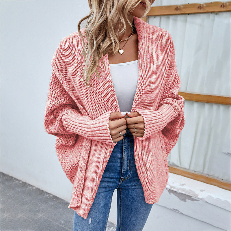 Novo suéter de malha solto cor sólida manga morcego grande lapela cardigan outono e inverno moda jaqueta para roupas femininas