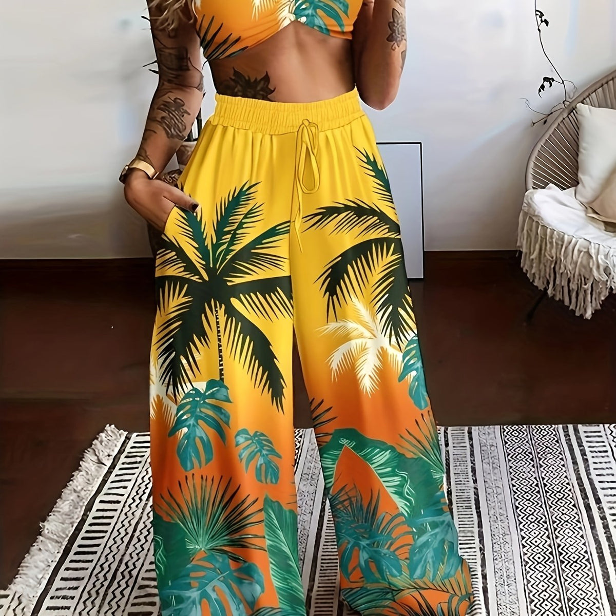 LN1433 New Summer Bohemian Print Strap Top Beach Vacation Style Women's Pants Set