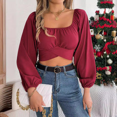 Camisa de chiffon com manga lanterna e cadarço na cintura, top com decote na cintura