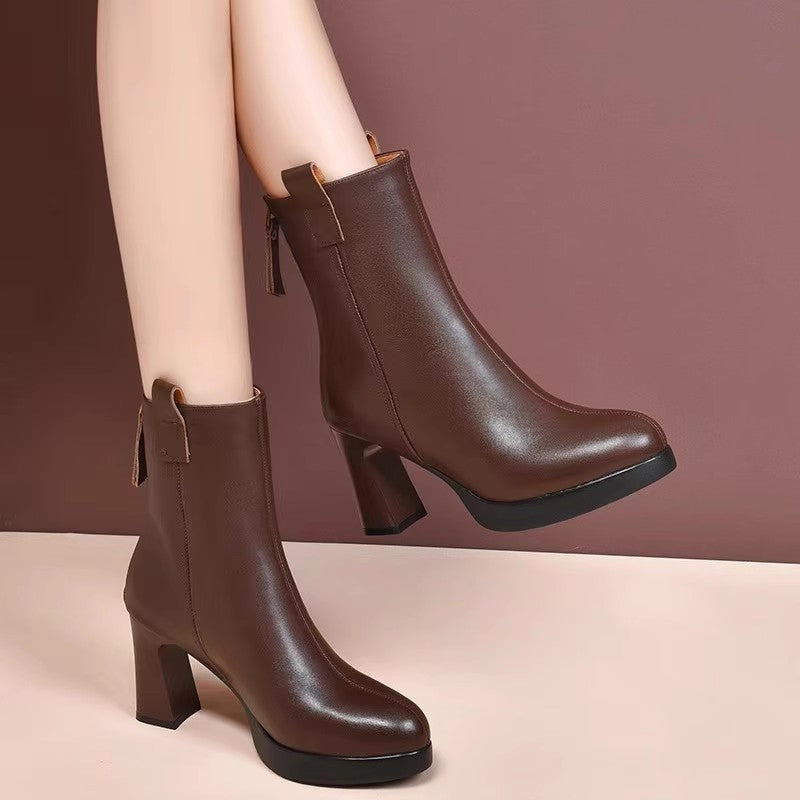 Soft Leather High Heel Boots Female Plus Velvet Genuine Leather