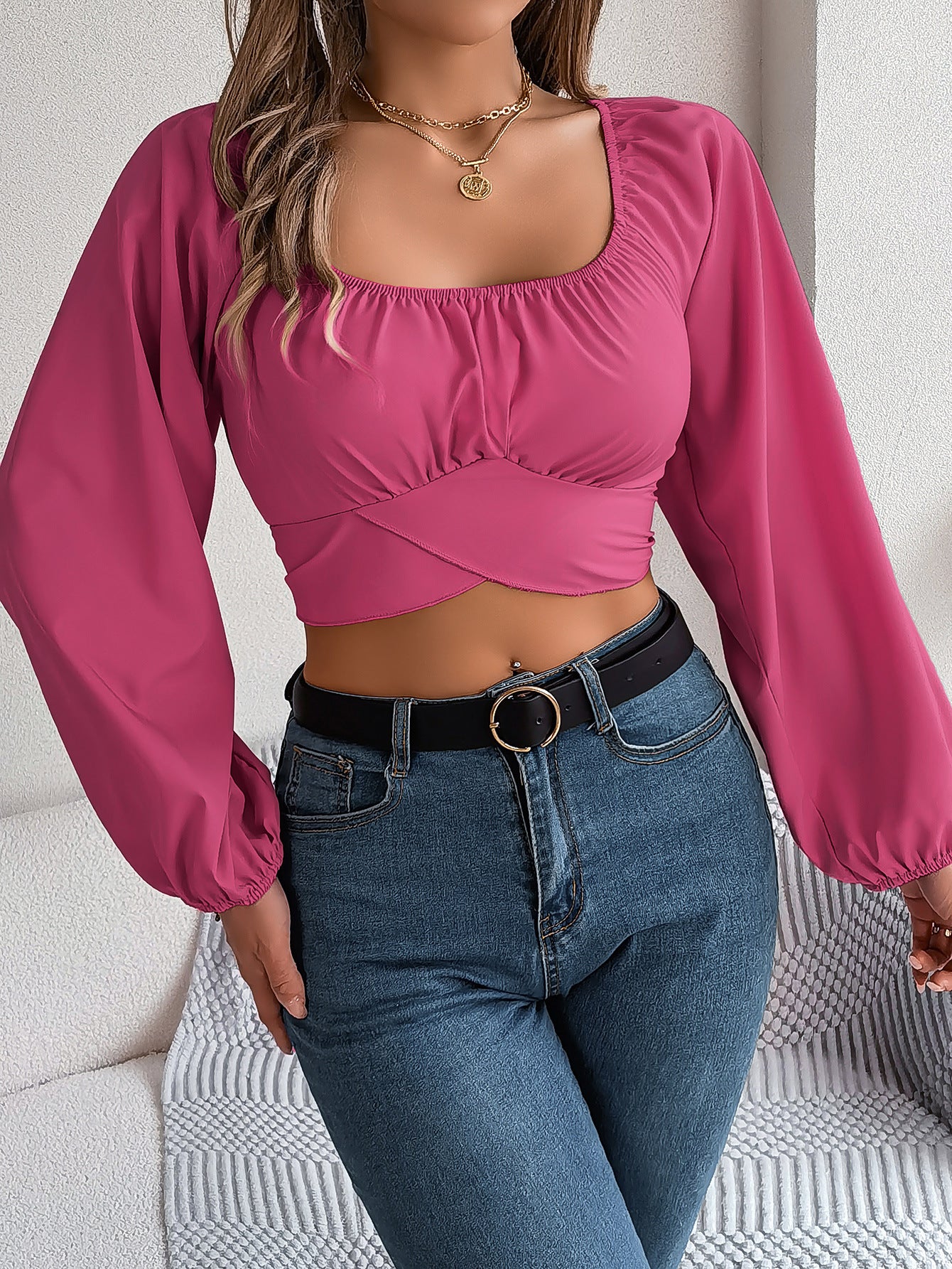 Camisa de chiffon com manga lanterna e cadarço na cintura, top com decote na cintura