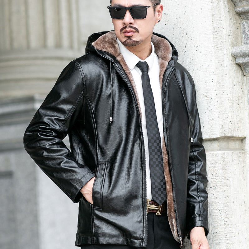 Autumn And Winter New Hooded Warm Leather Jacket Men's Fur One Plus Velvet Thickening Motorcycle Leather Jacket