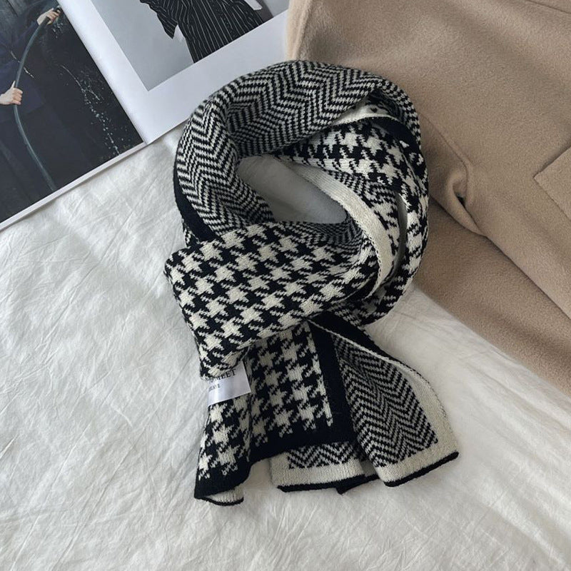 Houndstooth And Wave Pattern Print Scarf Women's Winter Korean Style Fashion Versatile Knitted Double-sided Warm Woolen Scarf