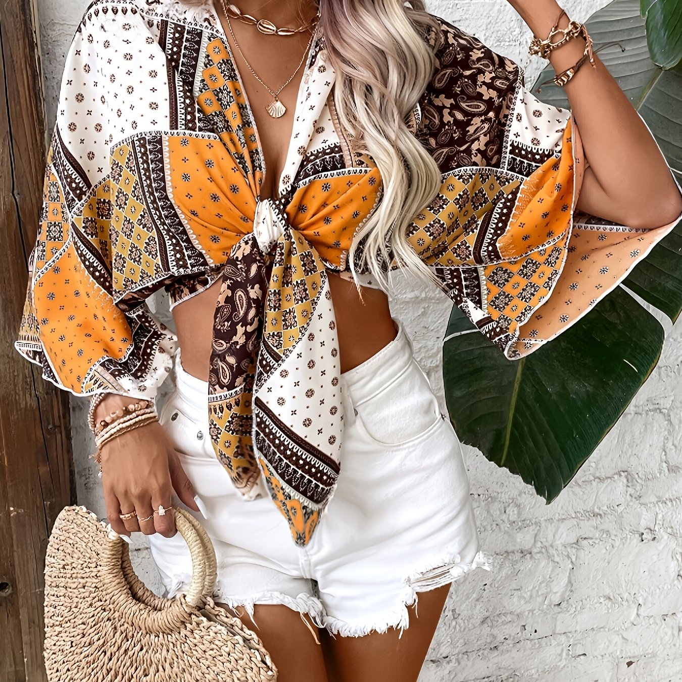 Paisley print knot-front crop blouse – boho style with bell sleeves, ideal for spring and summer
