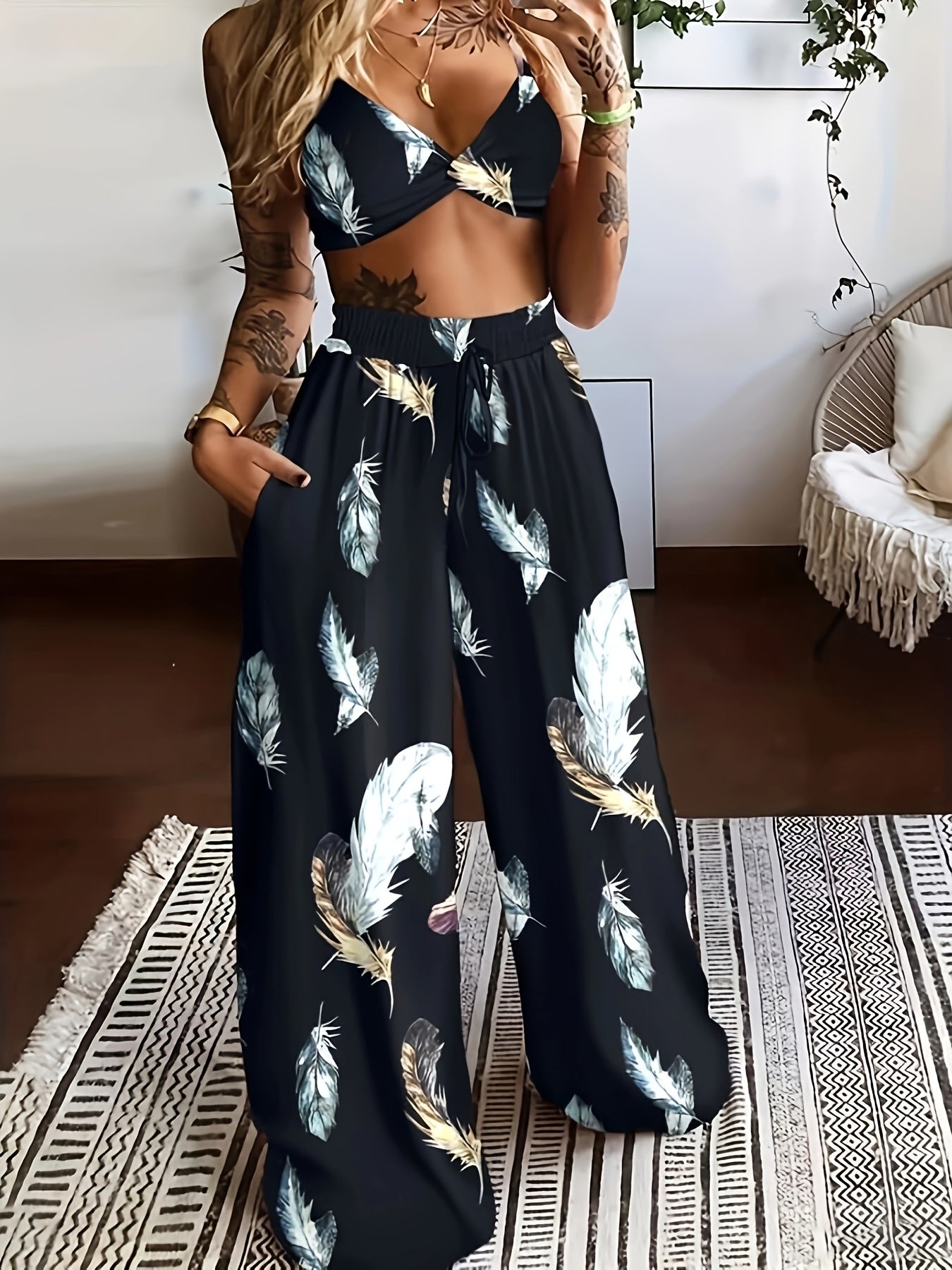 LN1433 New Summer Bohemian Print Strap Top Beach Vacation Style Women's Pants Set