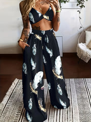 LN1433 New Summer Bohemian Print Strap Top Beach Vacation Style Women's Pants Set