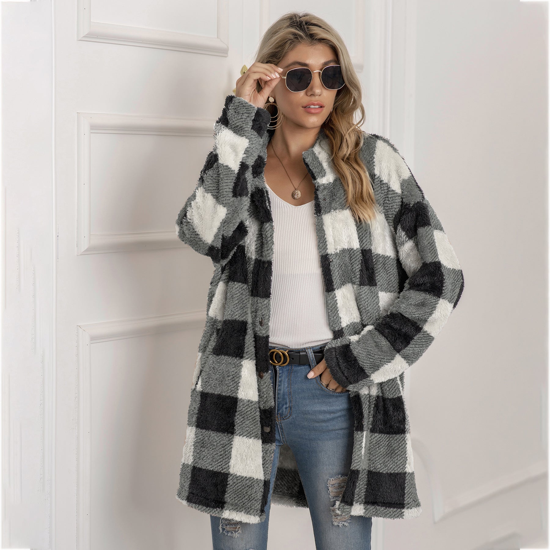 Colorblock Plaid Fleece Jacket Fashion Single Breasted Long Jacket Women's Clothing