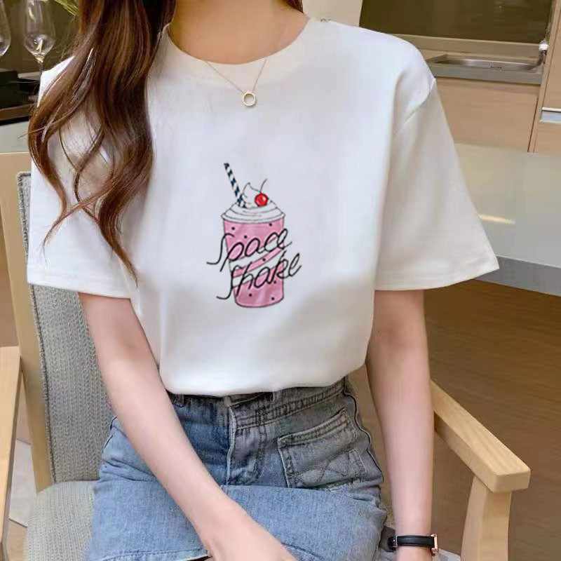 Nueva camiseta de manga corta blanca suelta adelgazante de moda de verano para mujeres estudiantes