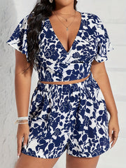 Boho Chic Set – Deep V-Neck Crop Top & Floral Shorts with Belted Waist, Perfect for Summer Getaways