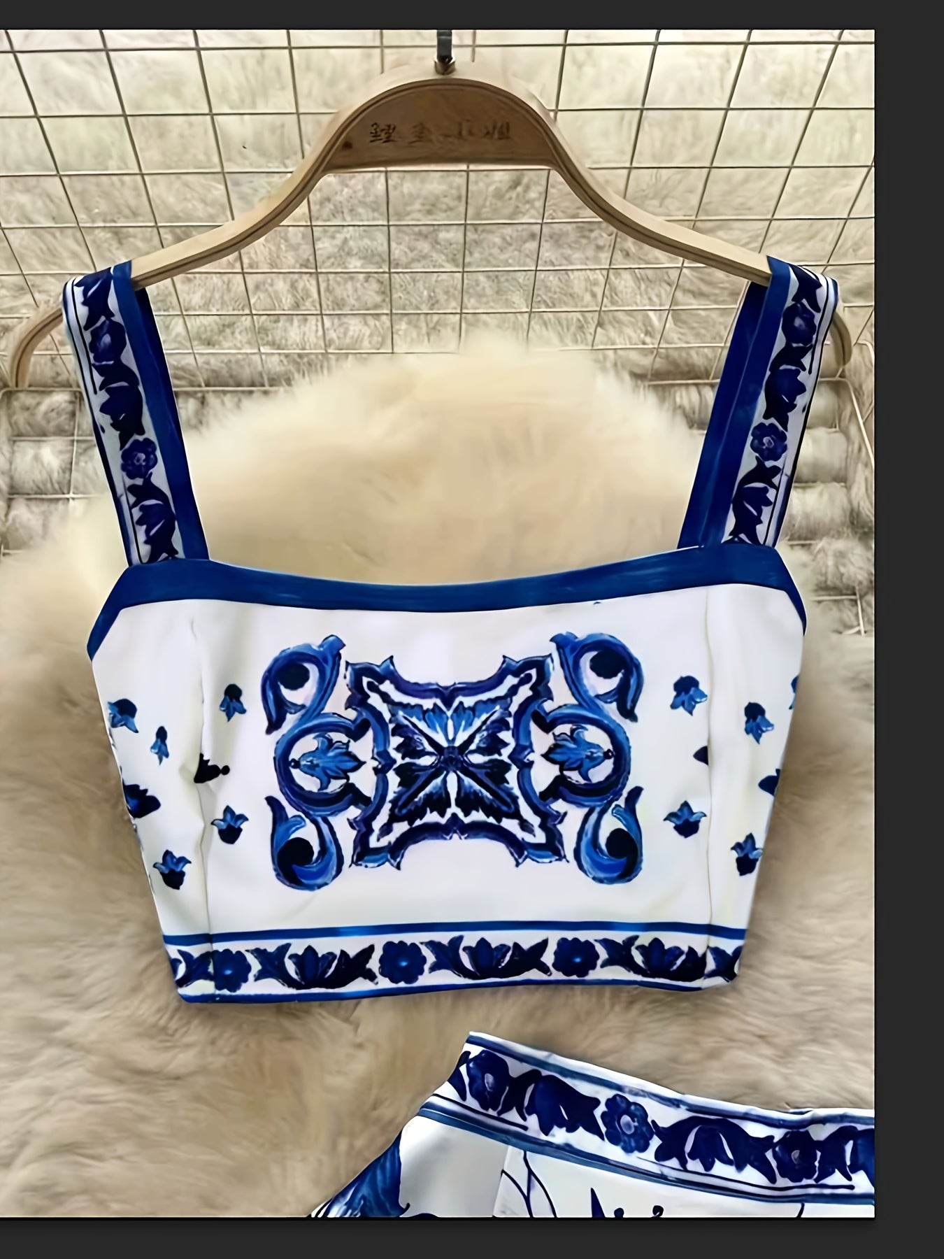 Elegant 2025 Spring-Summer Set – Blue & White Porcelain Floral Two-Piece, Perfect for Holiday Beachwear