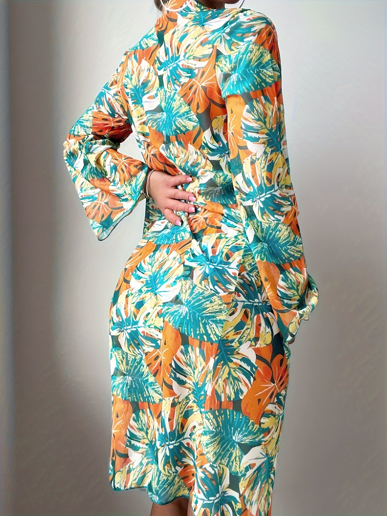 3-Piece Tropical Print Swimsuit Set – high-stretch ribbed fabric, cross spaghetti strap detail. Perfect for summer and beachwear.