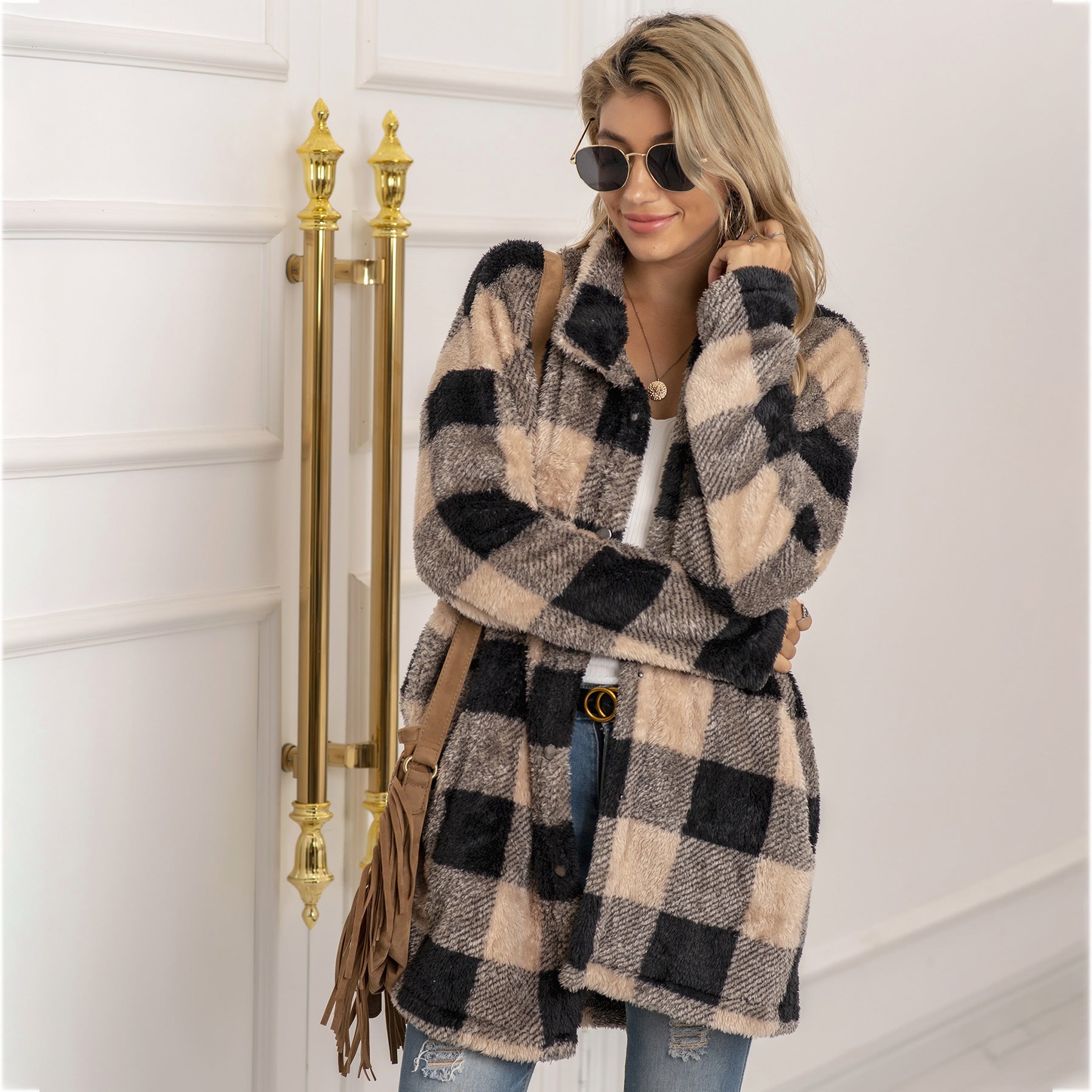 Colorblock Plaid Fleece Jacket Fashion Single Breasted Long Jacket Women's Clothing