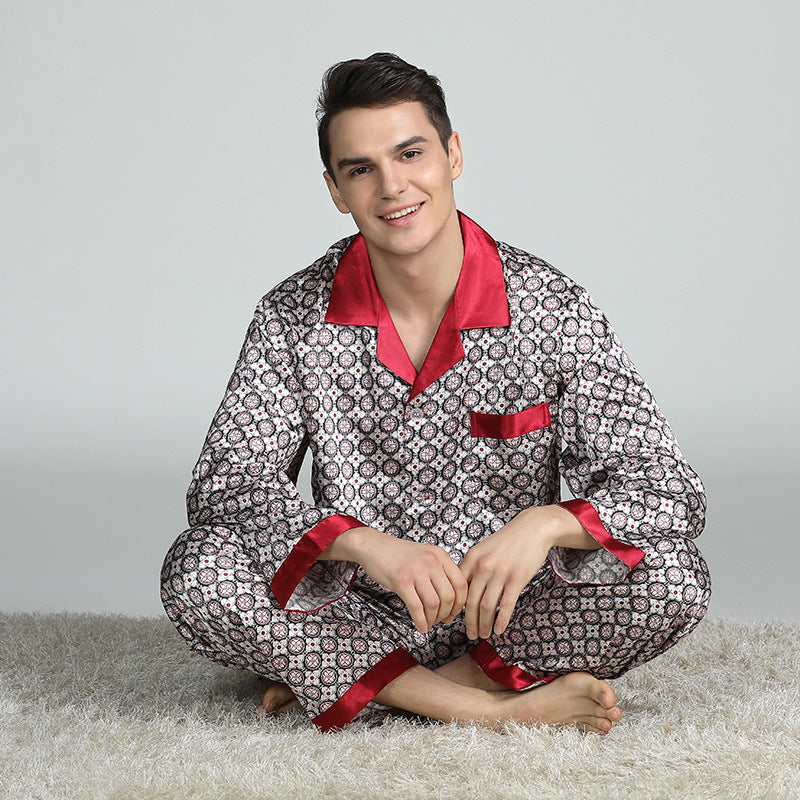 Pijama de seda estampado para hombre, traje de primavera y verano de manga larga