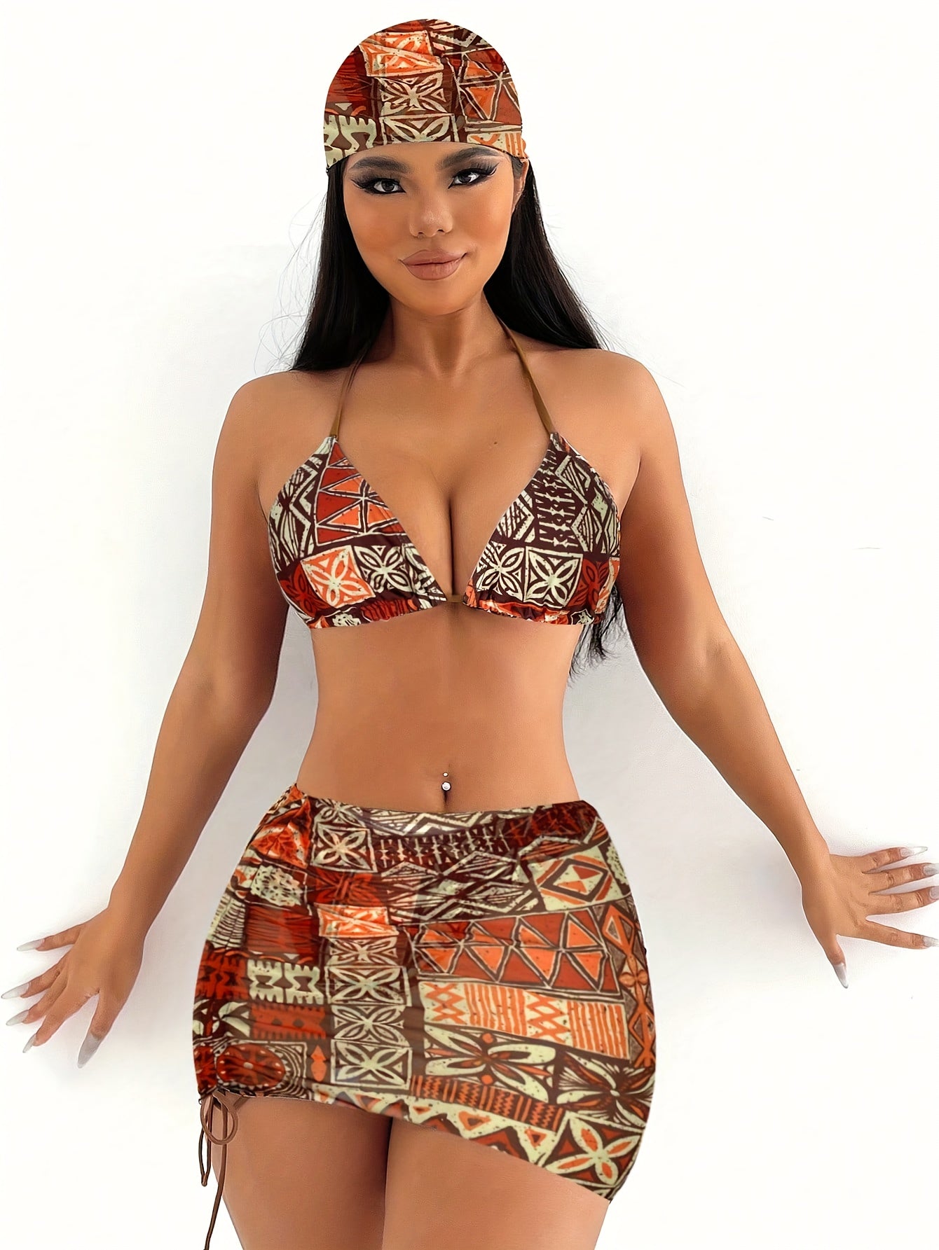 2025 women’s geometric bikini set with halter top, tie detail, and matching headscarf.