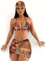 2025 women’s geometric bikini set with halter top, tie detail, and matching headscarf.