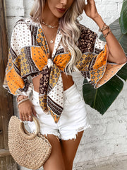 Paisley print knot-front crop blouse – boho style with bell sleeves, ideal for spring and summer