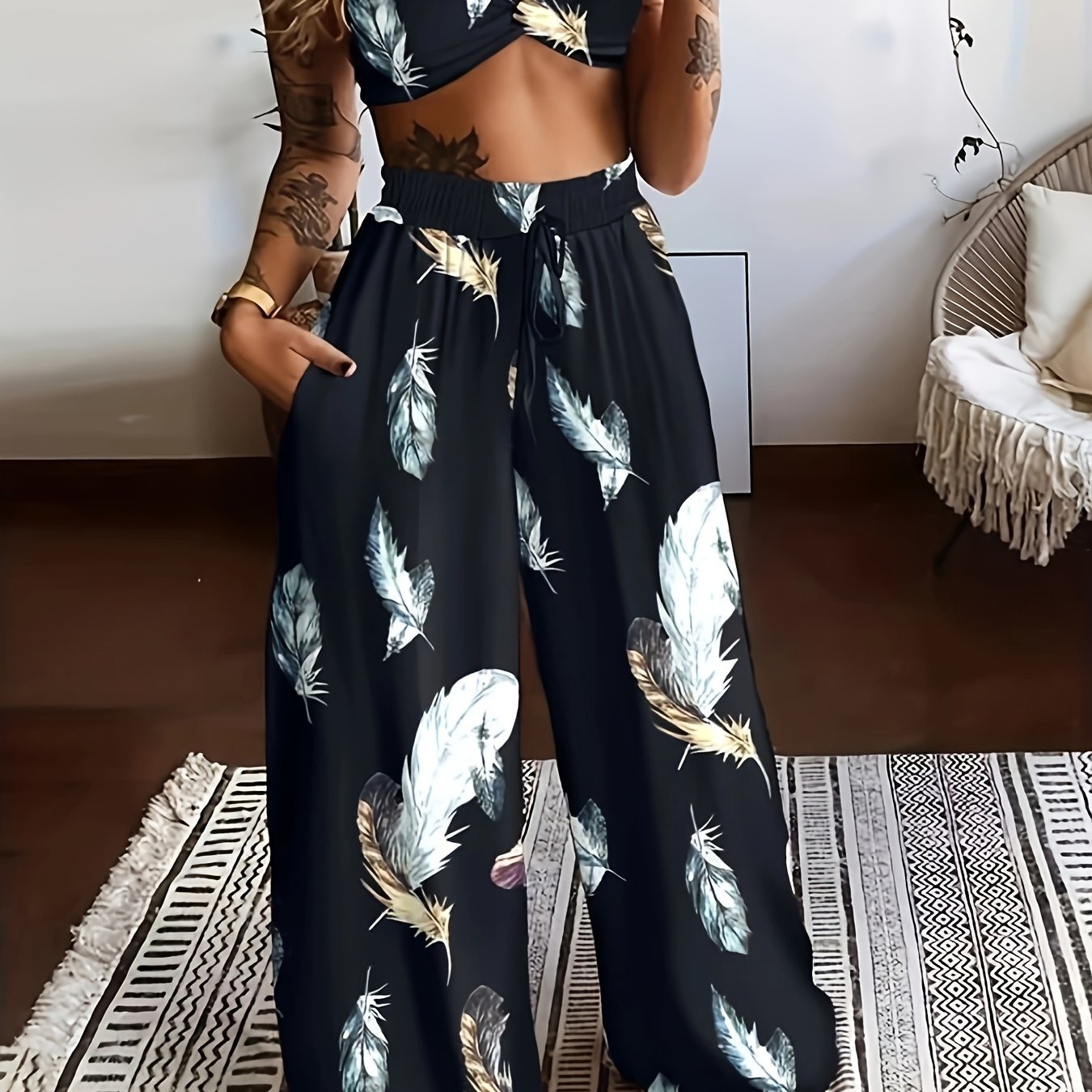 LN1433 New Summer Bohemian Print Strap Top Beach Vacation Style Women's Pants Set