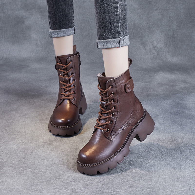 Botas Martin plataforma forradas de lã estilo britânico salto alto feminino