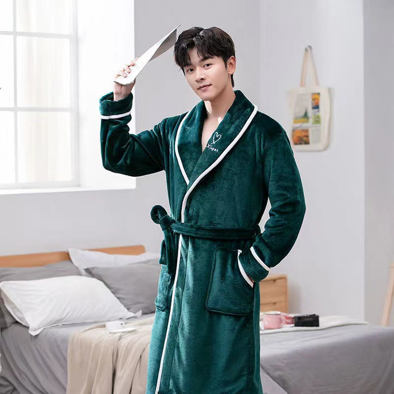 Autumn And Winter Flannel Oversize Men's Plush Lengthened Bathrobe