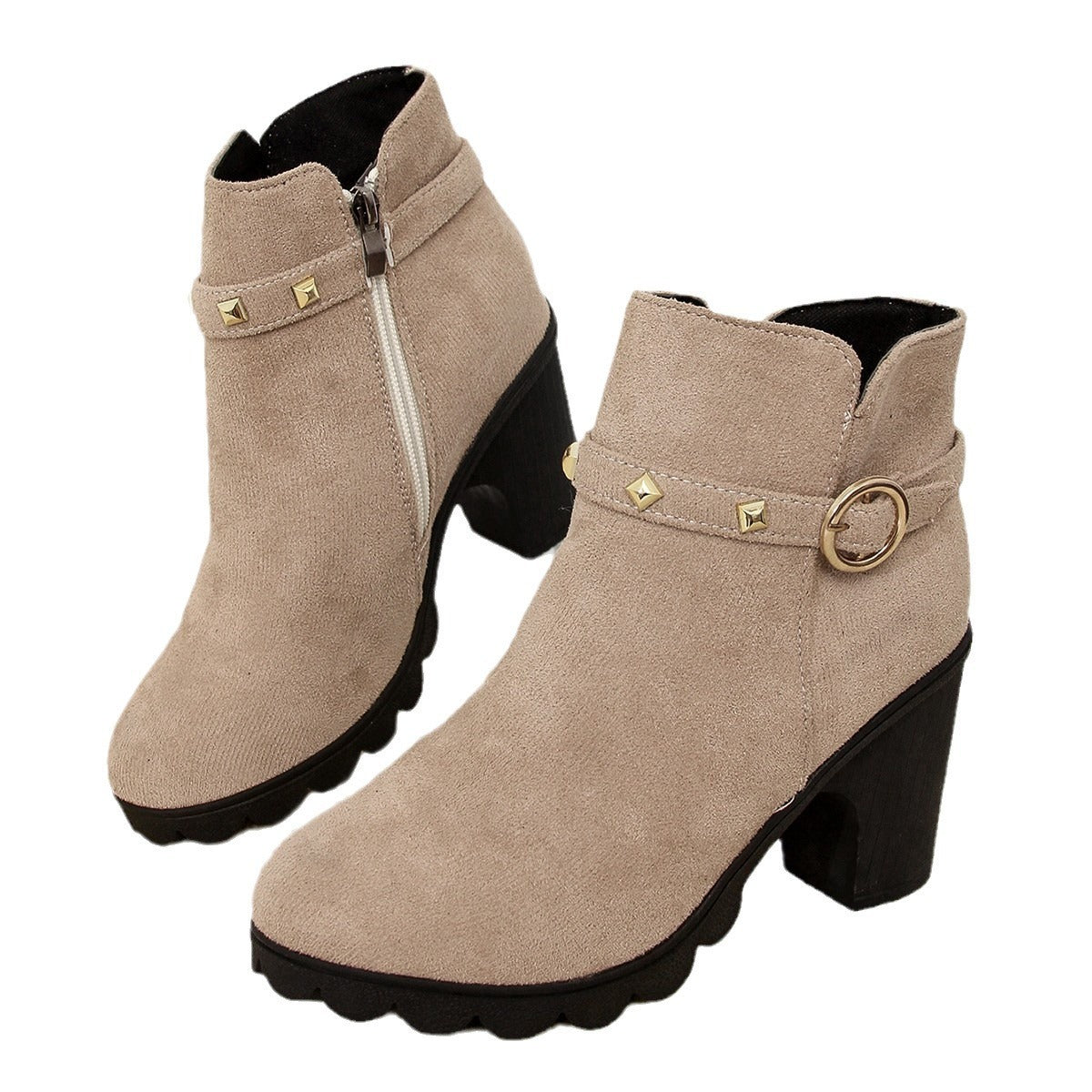 High Heel Women's Chunky Heel Round Toe Side Zipper Ankle Boots