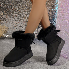 Winter Snow Boots With Bowknot Fashion Round Toe Flat Thickened Suede Cotton Shoes For Women Casual Warm Plush Short Boot