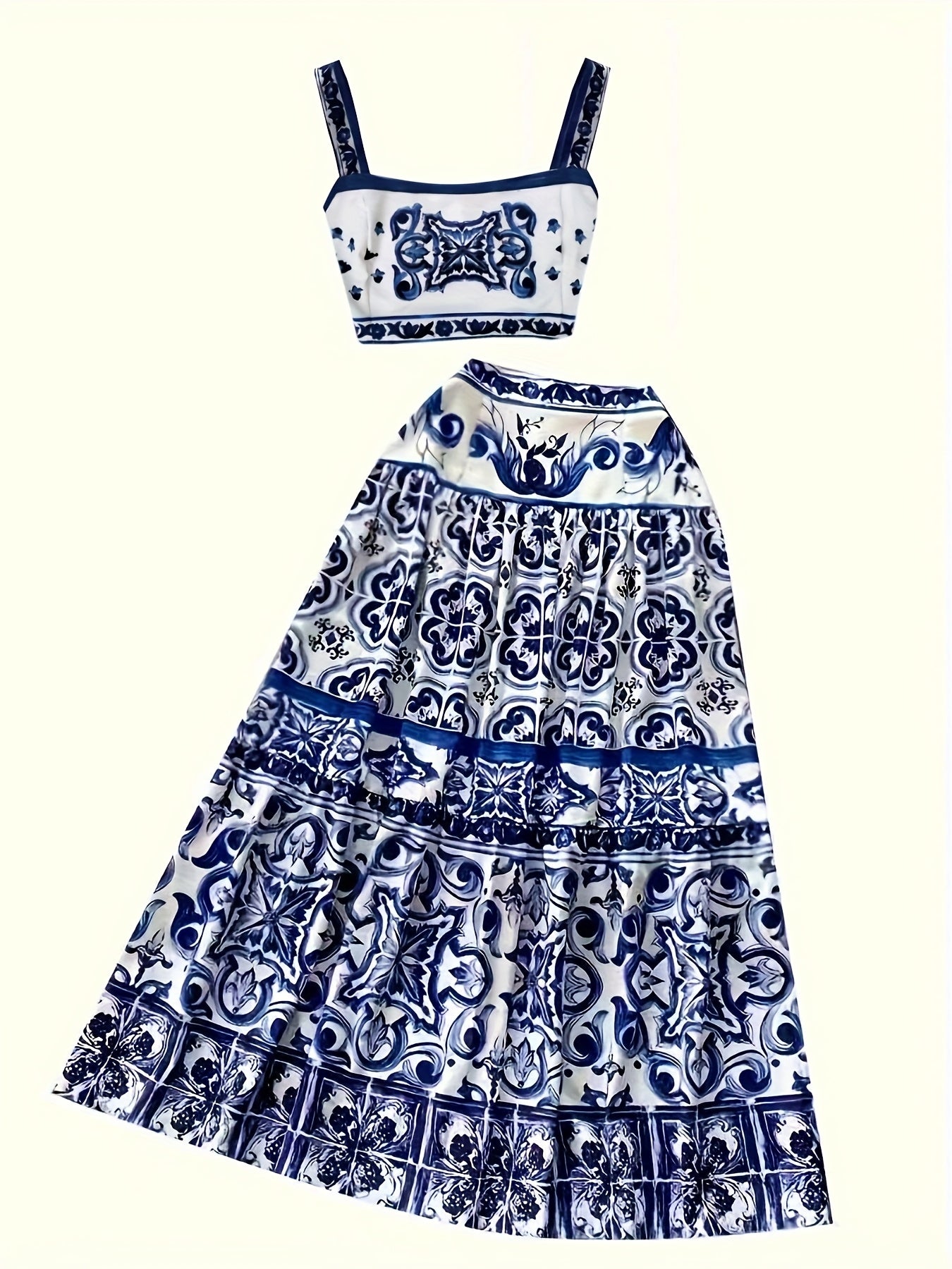 Elegant 2025 Spring-Summer Set – Blue & White Porcelain Floral Two-Piece, Perfect for Holiday Beachwear
