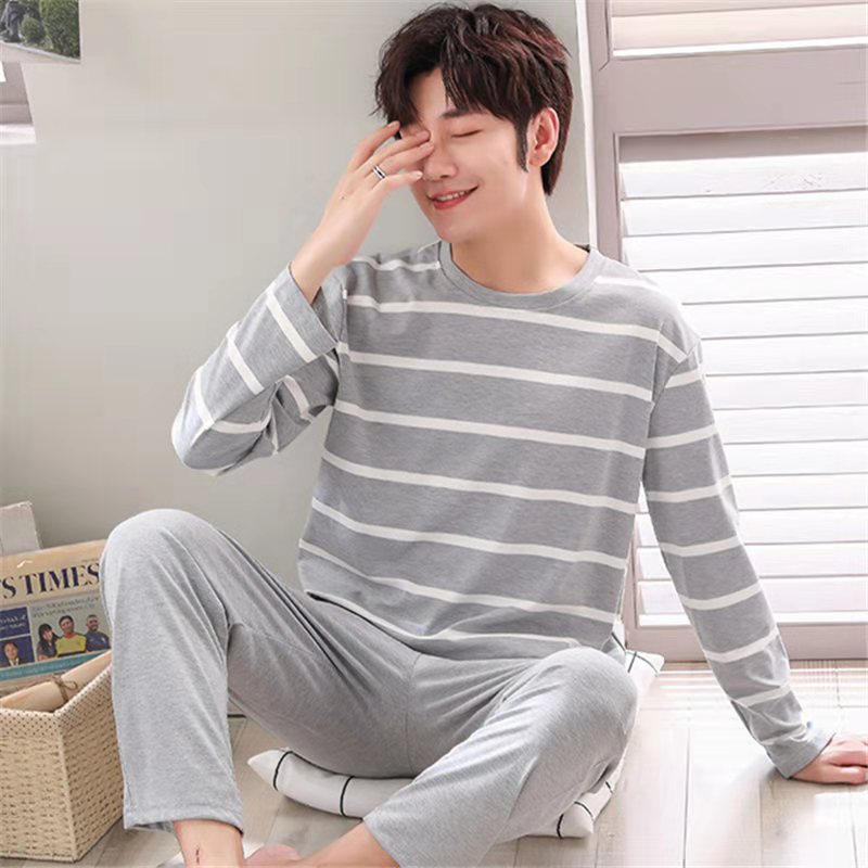 Pijamas masculinos de manga comprida, calças, primavera e outono, pijamas masculinos, outono e inverno, finos, plus size, adolescentes, uso doméstico, conjunto de duas peças