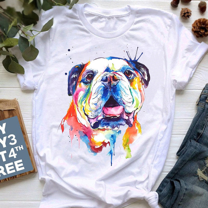 Camiseta con estampado de bulldog francés de estilo nuevo de verano para mujer, linda caricatura de bulldog