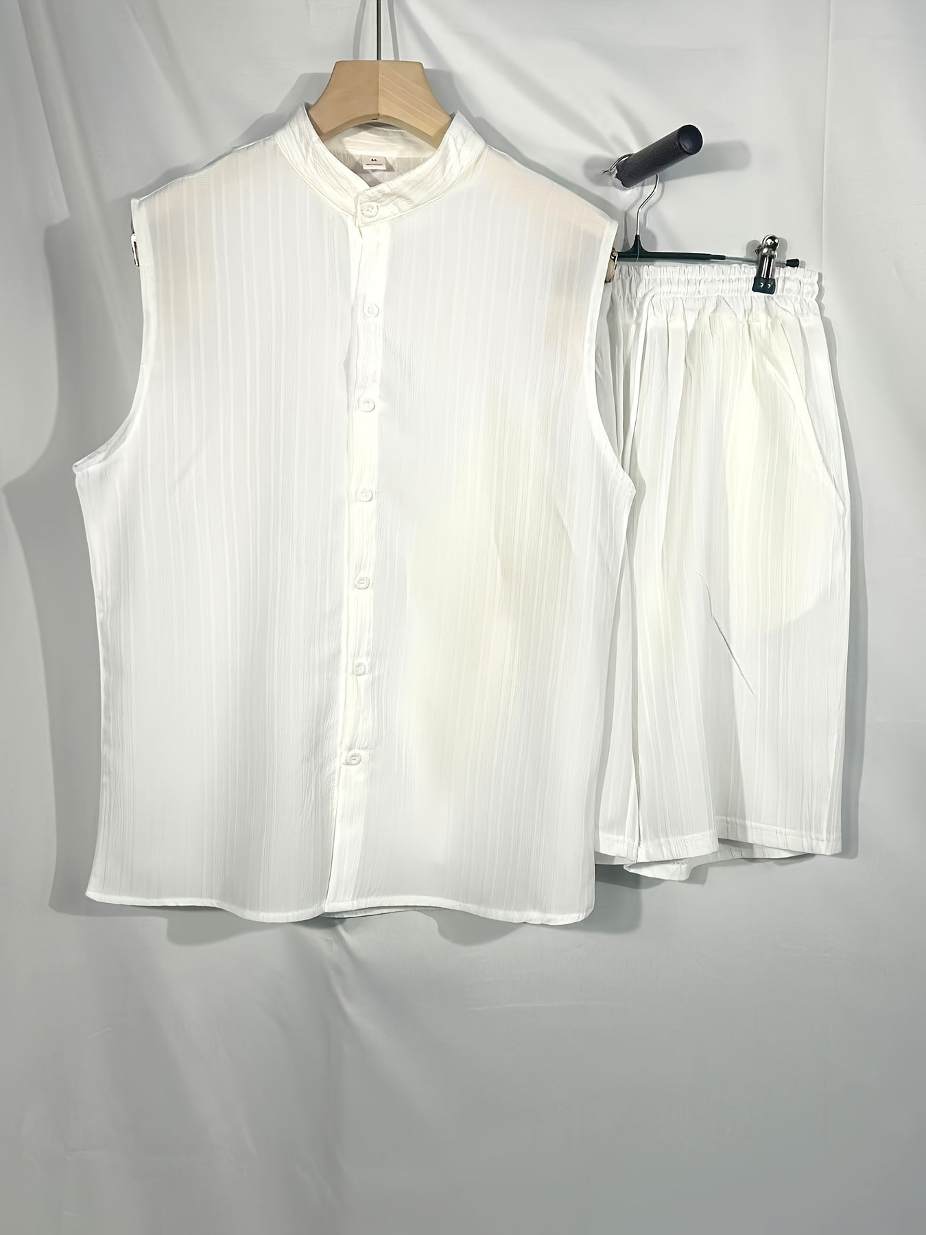 New Summer Men's Shirt Casual Henley Neck Sleeveless Top Shorts Beach Set