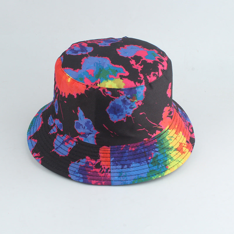 Nuevo estilo de sombrero de pescador con estampado de doble cara, color tie-dye, estilo hip-hop, informal, de parte superior plana, para lavabo