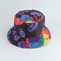 Nuevo estilo de sombrero de pescador con estampado de doble cara, color tie-dye, estilo hip-hop, informal, de parte superior plana, para lavabo