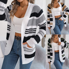 Cardigan de manga comprida com bolso listrado e contraste de cores