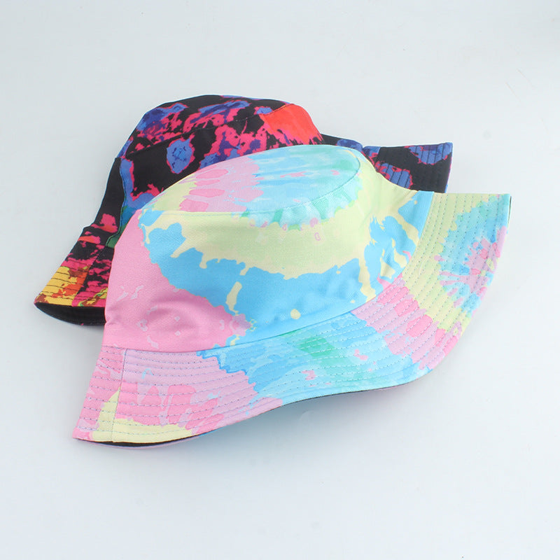 Nuevo estilo de sombrero de pescador con estampado de doble cara, color tie-dye, estilo hip-hop, informal, de parte superior plana, para lavabo