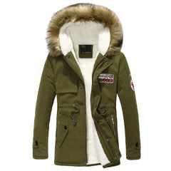 Casaco masculino acolchoado grosso e quente de inverno, gola de pele longa, parka verde militar, lã