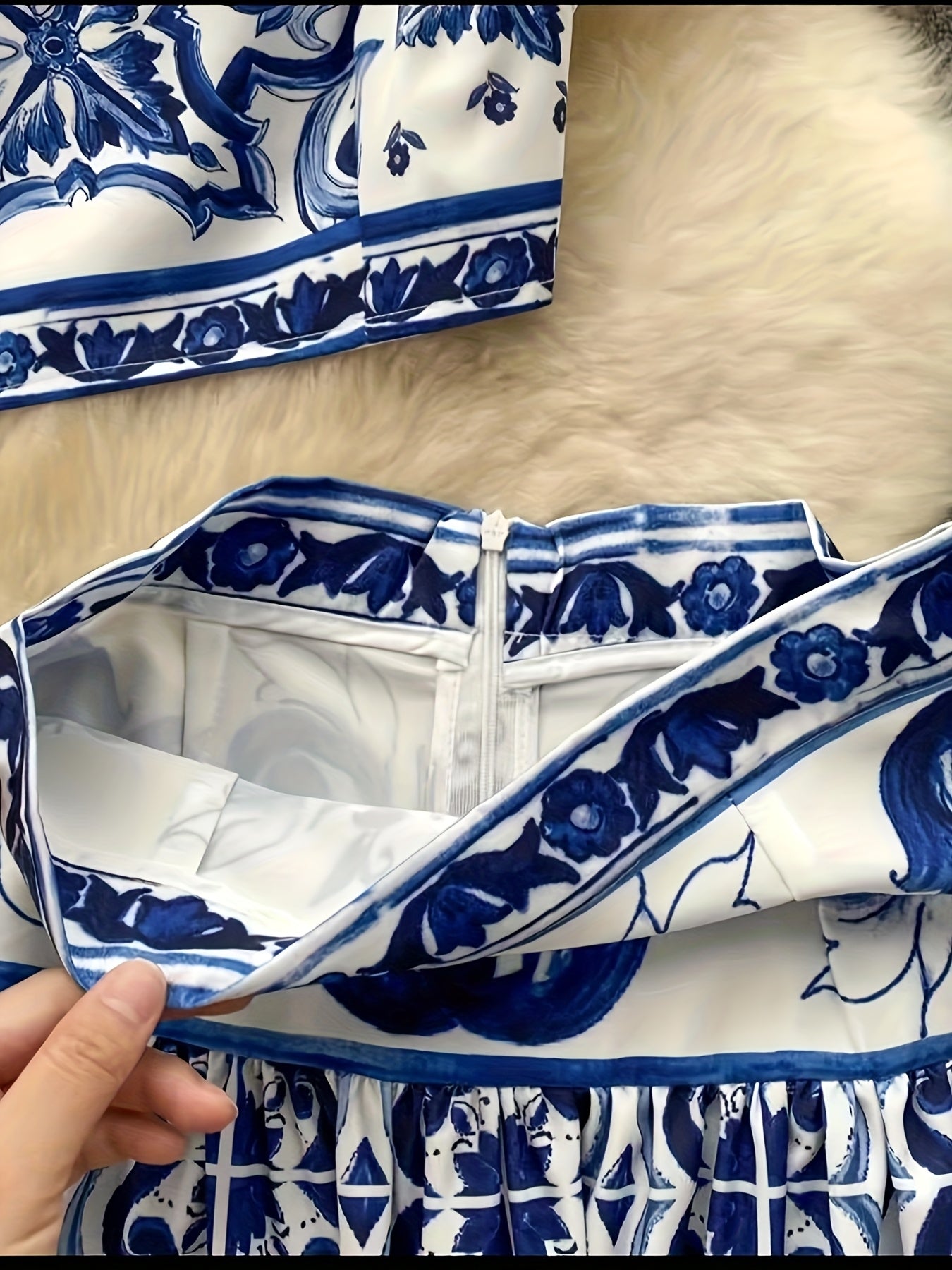 Elegant 2025 Spring-Summer Set – Blue & White Porcelain Floral Two-Piece, Perfect for Holiday Beachwear