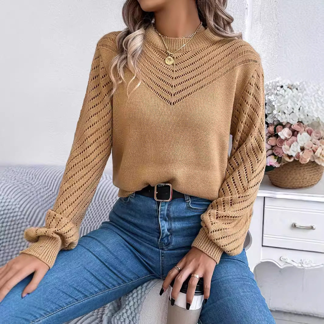 Casual Oco Gola Redonda Pulôver Suéter Moda Cor Sólida Manga Lanterna Top Roupas Femininas