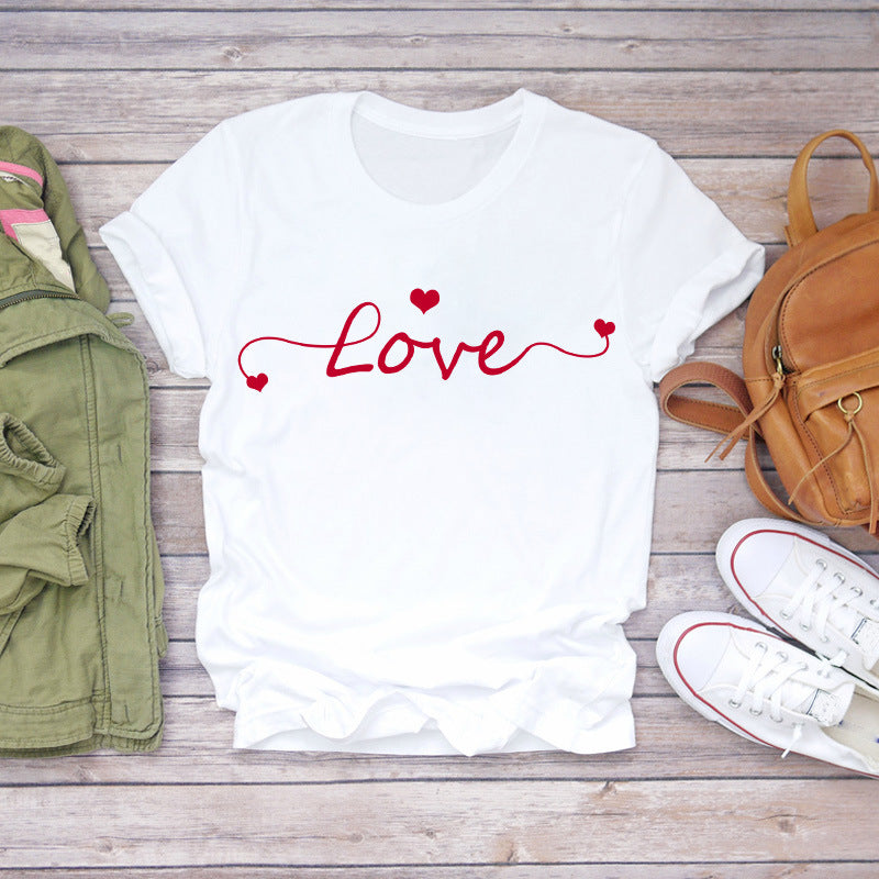 Camiseta feminina de manga curta com estampa de moda de amor aquarela