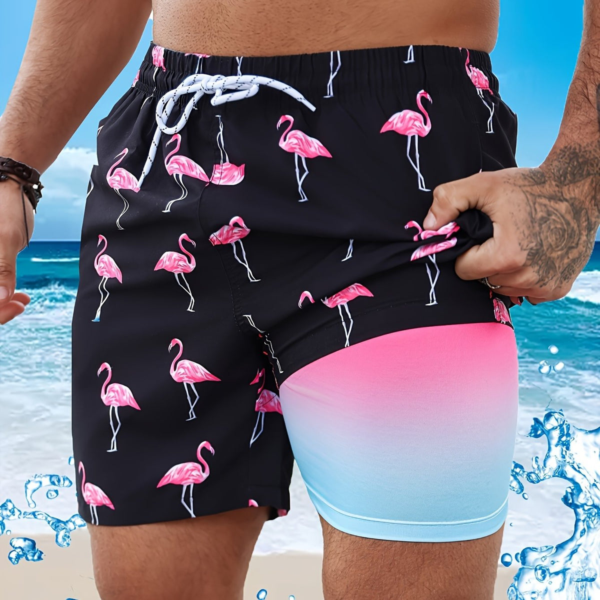 Stand out in style – gradient flamingo shorts with a smart two-piece look for total confidence.