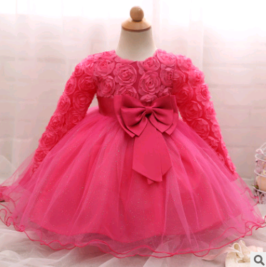 Vestido de meninas de manga comprida rosa vestido de noiva infantil saia