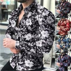 Camisa casual masculina de manga comprida floral primavera e outono