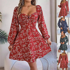 Vestido de moda con estampado floral y mangas abullonadas, informal, sexy, con lazo, escote cuadrado, manga larga, estilo A, ropa de mujer