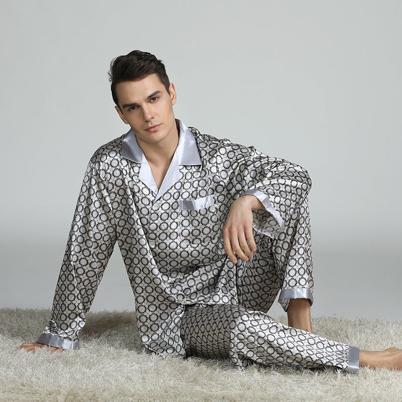 Pijama de seda estampado para hombre, traje de primavera y verano de manga larga