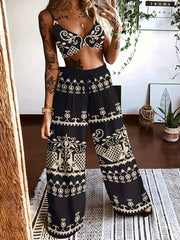 LN1433 New Summer Bohemian Print Strap Top Beach Vacation Style Women's Pants Set