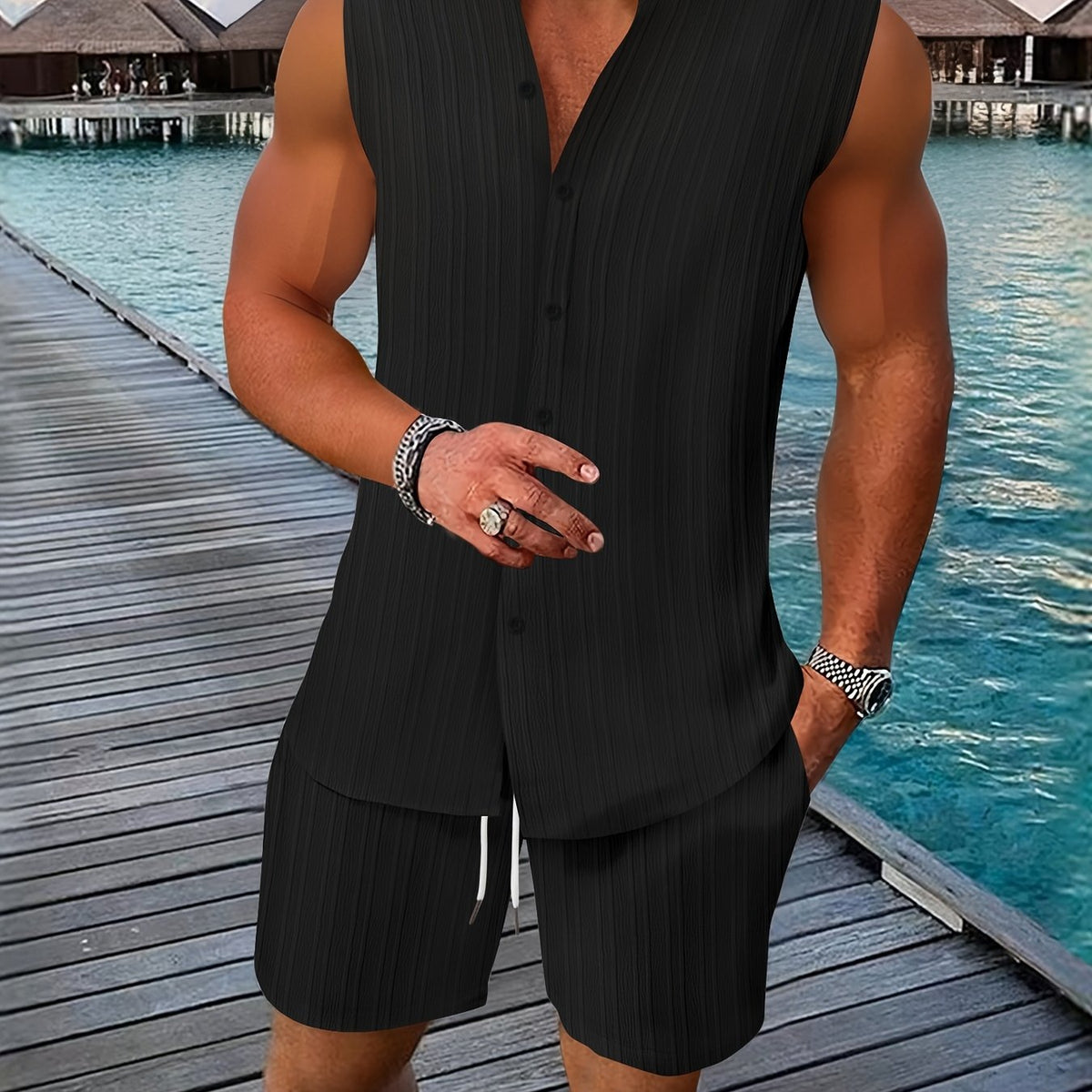 New Summer Men's Shirt Casual Henley Neck Sleeveless Top Shorts Beach Set